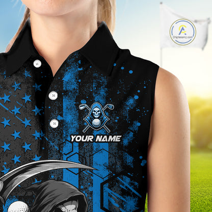 Custom Black And Blue American Flag Skull Reaper Womens Sleeveless Golf Polo Shirt, Team Golf Shirts NBT882