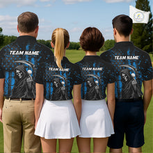 Load image into Gallery viewer, Custom Black And Blue American Flag Skull Reaper Mens Golf Polo Shirt, Team Golf Shirts NBT882