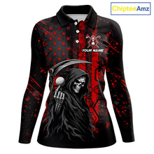 Load image into Gallery viewer, Custom Black And Red American Flag Skull Reaper Womens Golf Polo Shirt, Team Golf Shirts NBT883