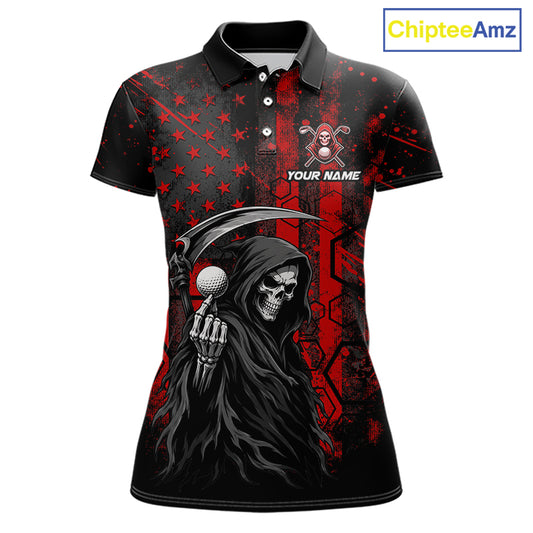 Custom Black And Red American Flag Skull Reaper Womens Golf Polo Shirt, Team Golf Shirts NBT883