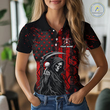 Load image into Gallery viewer, Custom Black And Red American Flag Skull Reaper Womens Golf Polo Shirt, Team Golf Shirts NBT883