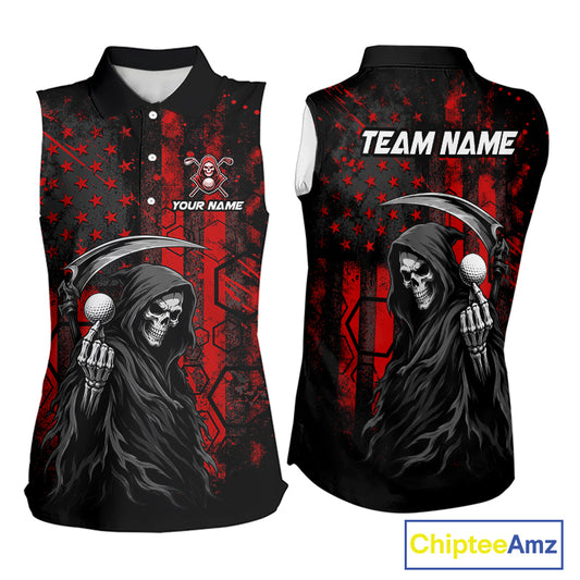 Custom Black And Red American Flag Skull Reaper Womens Sleeveless Golf Polo Shirt, Team Golf Shirts NBT883