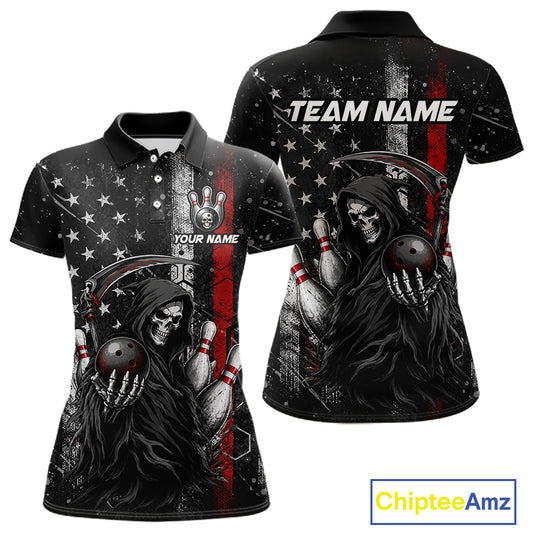 Front and back view of American flag custom Grim Reaper bowling polo shirt for women with personalized name