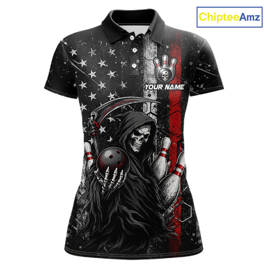 Front view of American flag custom Grim Reaper bowling polo shirt for women