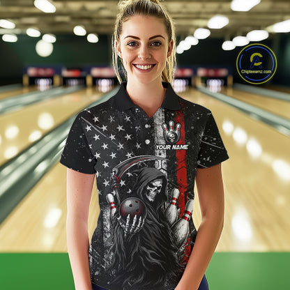 Bowler wearing American flag Grim Reaper bowling polo shirt on the lanes