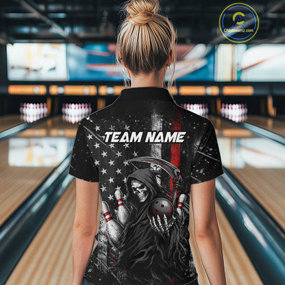 Bowler wearing American flag Grim Reaper bowling polo shirt on the lanes - back view