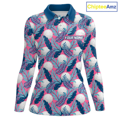 Custom Pink Blue Tropical Golf Ball Pattern Womens Polo Golf Shirts, Golf Gifts For Team NBT965