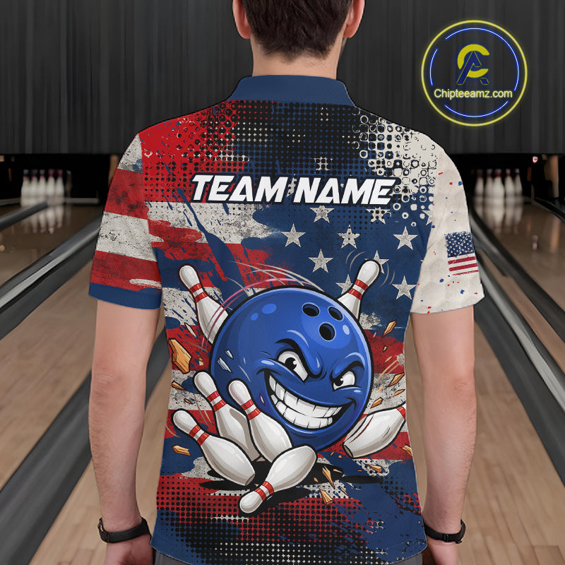 Funny American Flag Bowling Jersey For Men Custom Polo Bowling Shirt Patriotic Bowling Shirt For Team NBT968