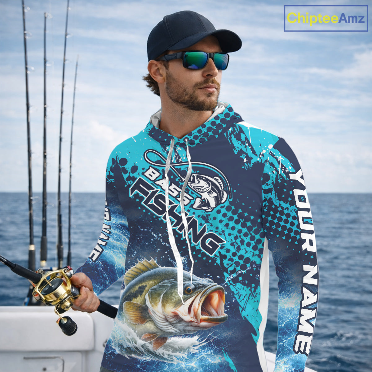 Thunder Lightning Bass Fishing Tournament Shirts with Hood Blue Camo, Custom Bass Fishing Shirts For Men NBT448