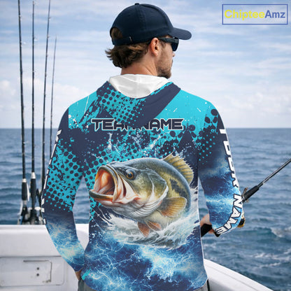 Thunder Lightning Bass Fishing Tournament Shirts with Hood Blue Camo, Custom Bass Fishing Shirts For Men NBT448