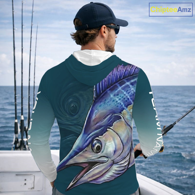 Angler wearing patriotic American Flag Marlin long sleeve hooded fishing shirt on the boat