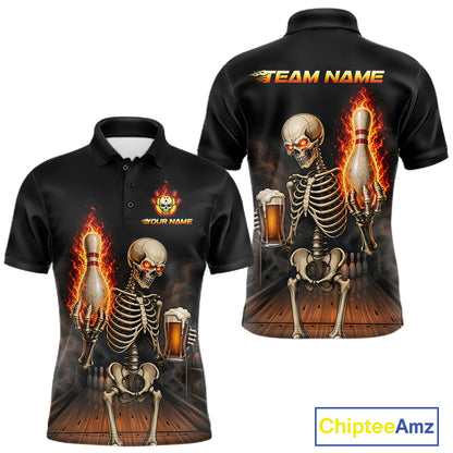 Front and back view of black and orange fire flame beer skull bowling team polo shirt for men