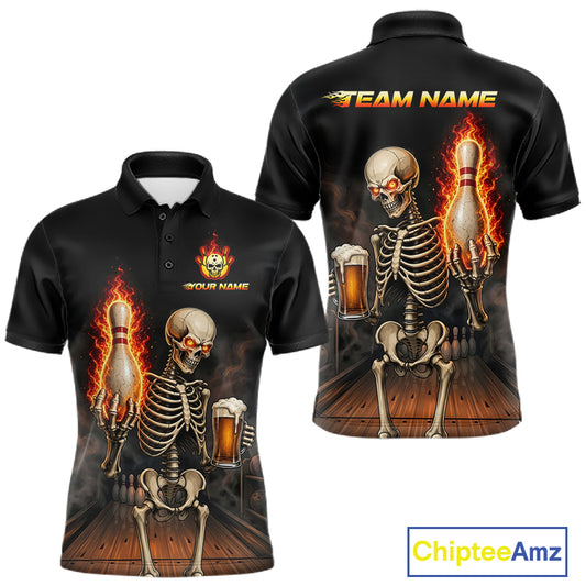 Front and back view of black and orange fire flame beer skull bowling team polo shirt for men