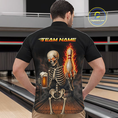 Front and back view of black and orange fire flame beer skull bowling quarter zip jersey for men
