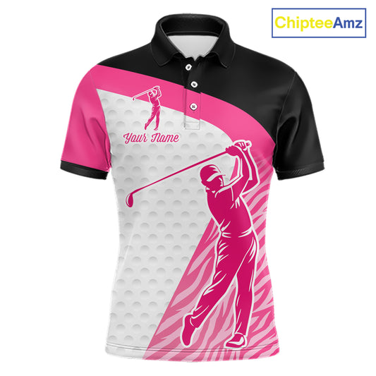 Pink Zebra Pattern Mens Golf Polo Shirts Custom Name Gift For Golf Lovers NBT580
