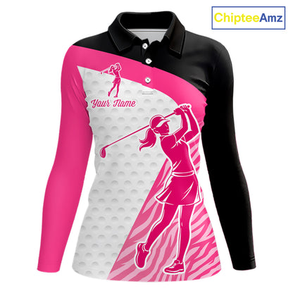 Pink Zebra Pattern Womens Golf Polo Shirts Custom Name Gift For Golf Lovers NBT580