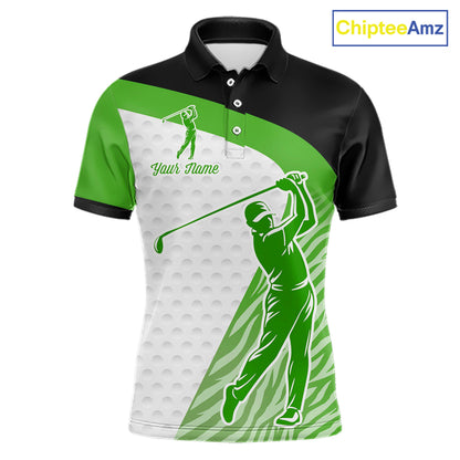 Green Zebra Pattern Mens Golf Polo Shirts Custom Name Gift For Golf Lovers NBT581