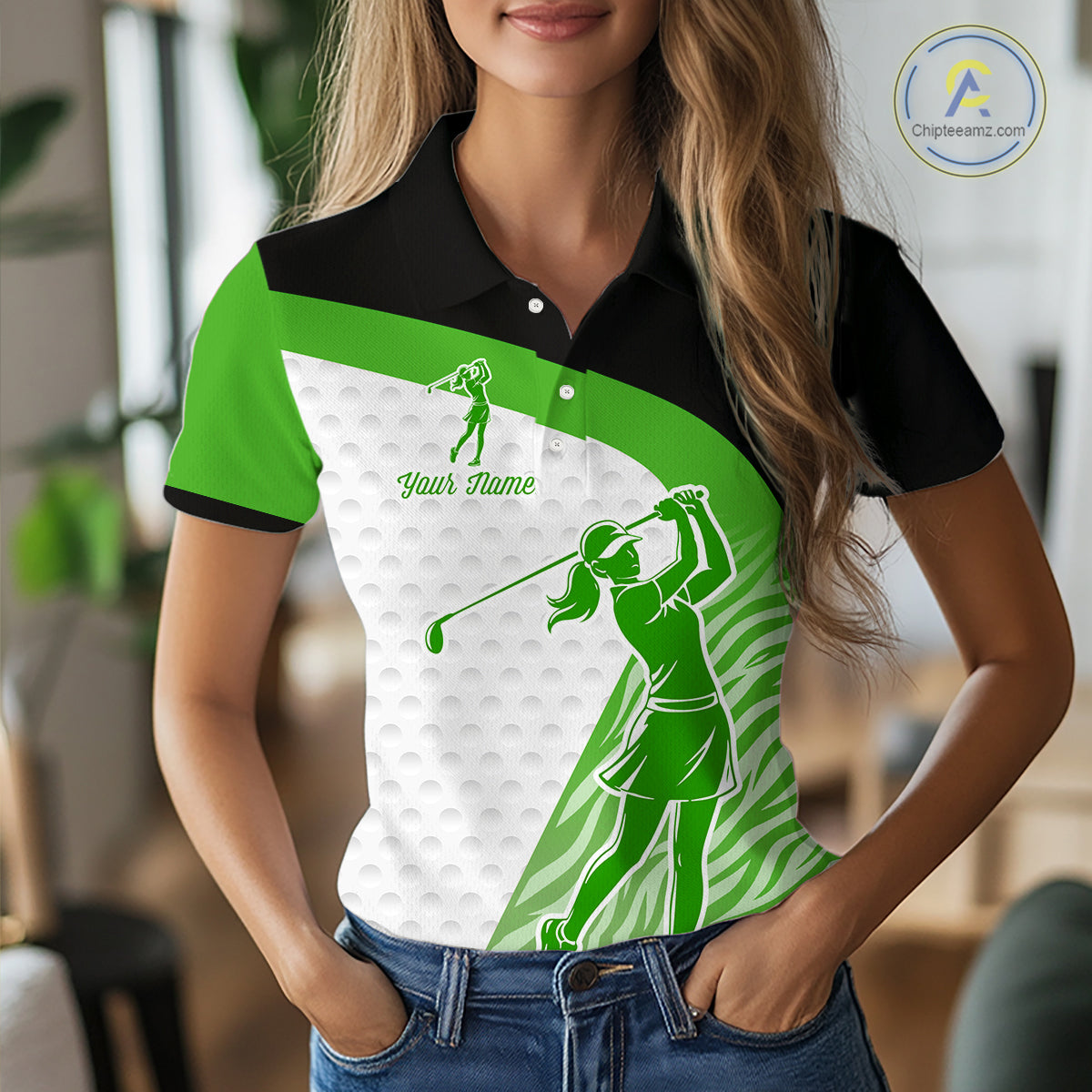 Green Zebra Pattern Womens Golf Polo Shirts Custom Name Gift For Golf Lovers NBT581
