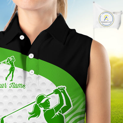 Green Zebra Pattern Womens Sleeveless Golf Polo Shirts Custom Name Gift For Golf Lovers NBT581