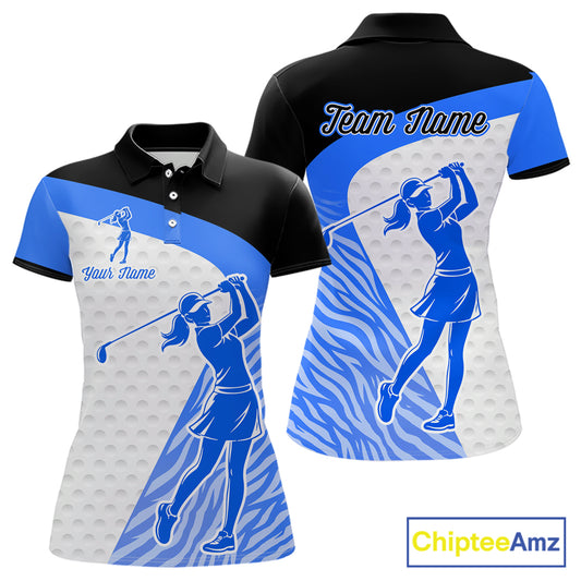 Blue Zebra Pattern Womens Golf Polo Shirts Custom Name Gift For Golf Lovers NBT582