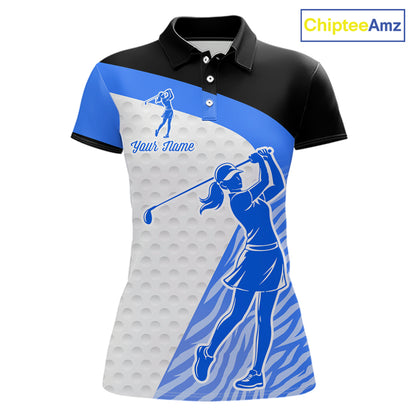 Blue Zebra Pattern Womens Golf Polo Shirts Custom Name Gift For Golf Lovers NBT582