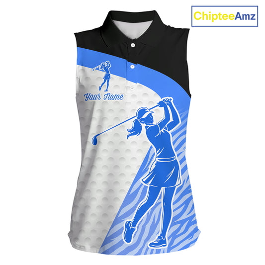 Blue Zebra Pattern Womens Sleeveless Golf Polo Shirts Custom Name Gift For Golf Lovers NBT582