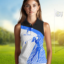 Load image into Gallery viewer, Blue Zebra Pattern Womens Sleeveless Golf Polo Shirts Custom Name Gift For Golf Lovers NBT582