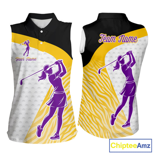 Yellow & Purple  Zebra Pattern Womens Sleeveless Golf Polo Shirts Custom Name Gift For Golf Lovers NBT583