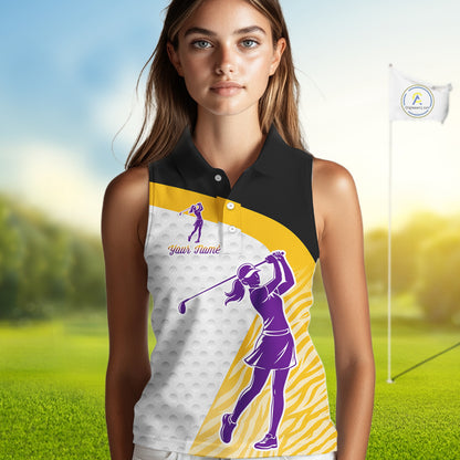 Yellow & Purple  Zebra Pattern Womens Sleeveless Golf Polo Shirts Custom Name Gift For Golf Lovers NBT583