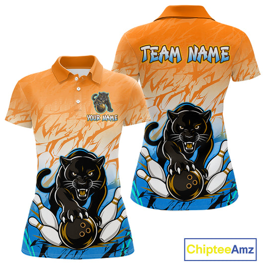 Front and back view of custom orange and blue leopard bowling polo shirt for women