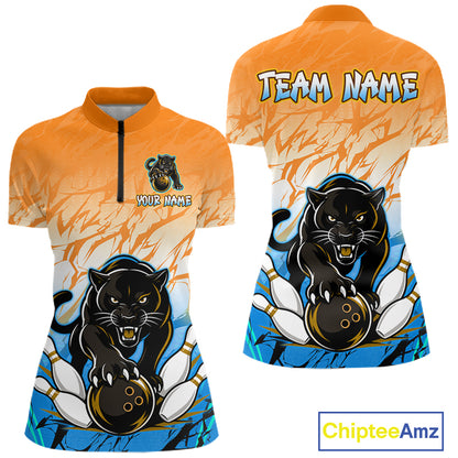 Front and back view of custom orange and blue leopard bowling quarter zip shirt for women