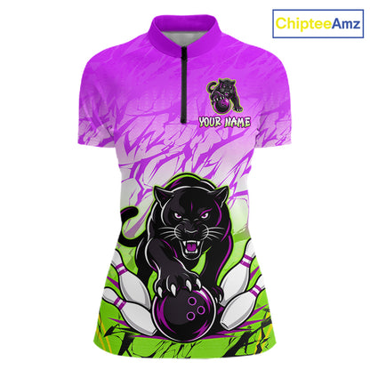Front view of custom purple and green leopard bowling quarter zip shirt for women