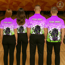 Load image into Gallery viewer, Bowling team wearing matching custom purple and green leopard league shirts with personalized names