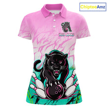 Load image into Gallery viewer, Front view of custom pink and turquoise leopard bowling polo shirt for women