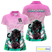 Load image into Gallery viewer, Front and back view of custom pink and turquoise leopard bowling polo shirt for women