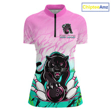 Load image into Gallery viewer, Front view of custom pink and turquoise leopard bowling quarter zip shirt for men