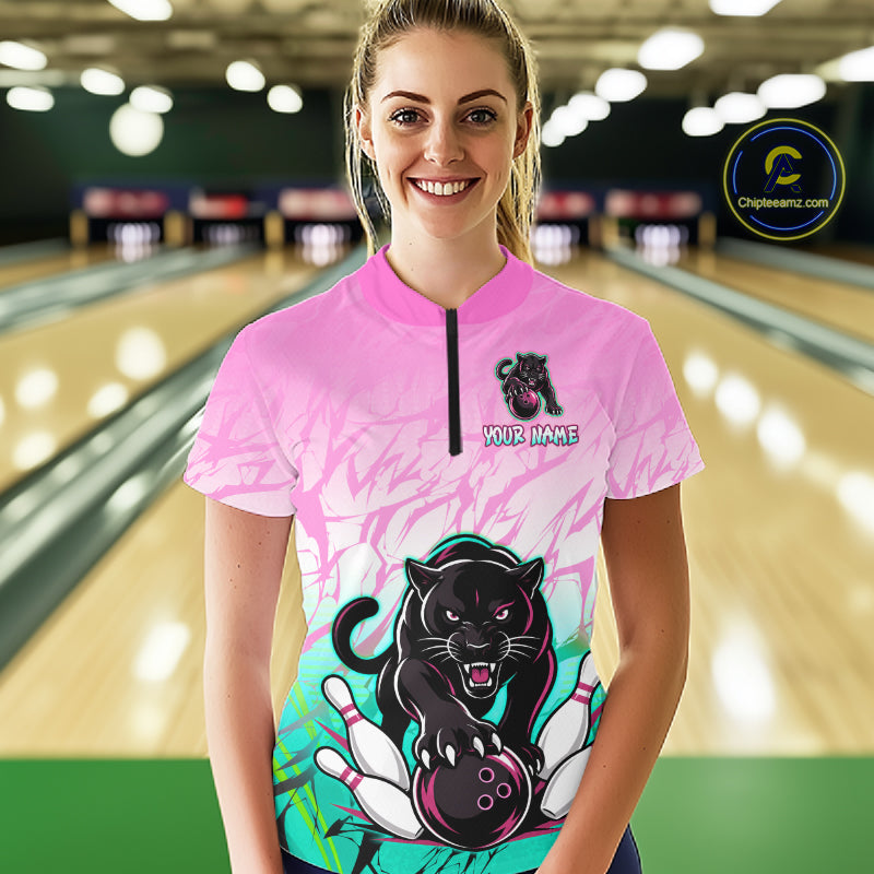 Custom Pink And Turquoise Leopard Bowling Women Polo & 1/4 Quarter Zip Shirt, Bowling League Team Shirt NBT891