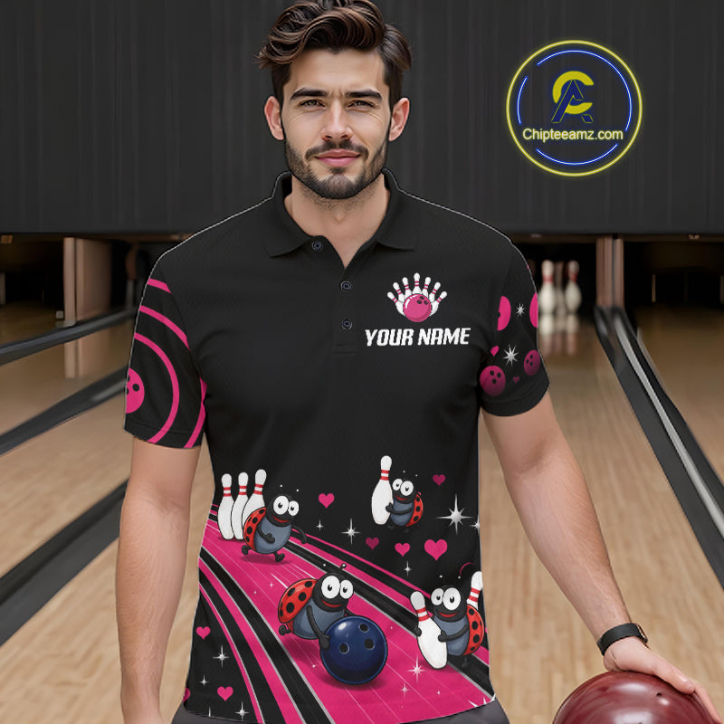 Custom Pink Funny Ladybug Bowling Team Shirts Bowling Jersey For Men Polo & 1/4 Zip NBT1143