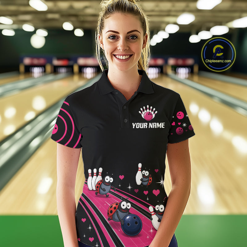 Custom Pink Funny Ladybug Bowling Team Shirts Bowling Jersey For Women Polo & 1/4 Zip NBT1143
