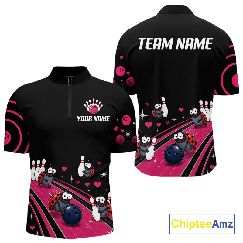 Custom Pink Funny Ladybug Bowling Team Shirts Bowling Jersey For Men Polo & 1/4 Zip NBT1143