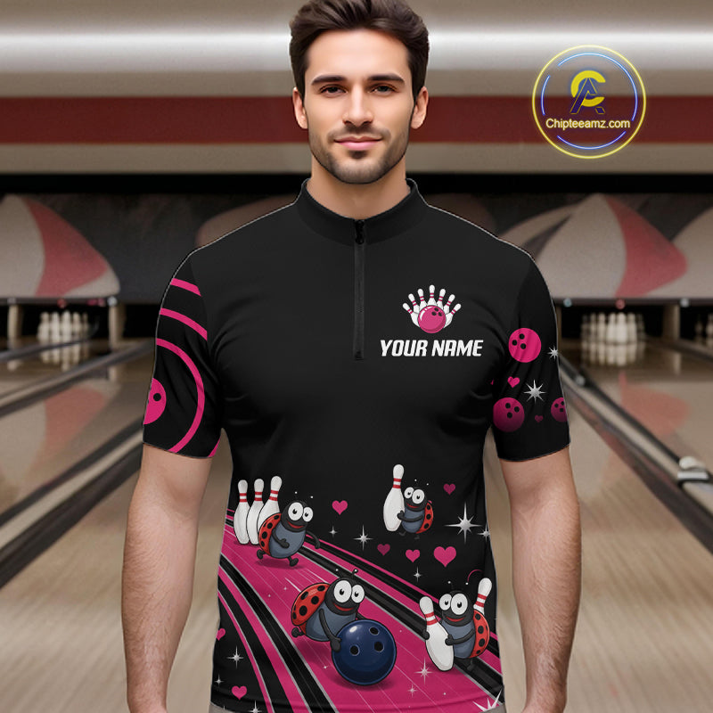 Custom Pink Funny Ladybug Bowling Team Shirts Bowling Jersey For Men Polo & 1/4 Zip NBT1143