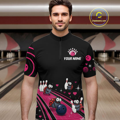 Custom Pink Funny Ladybug Bowling Team Shirts Bowling Jersey For Men Polo & 1/4 Zip NBT1143