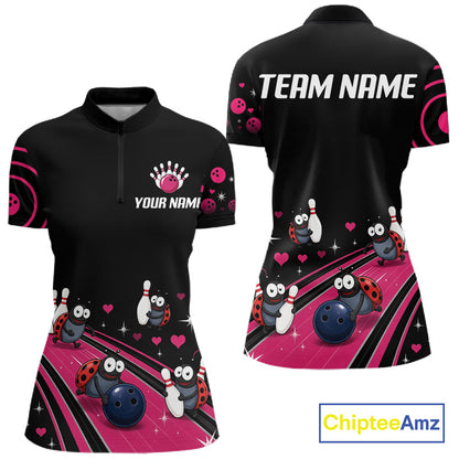 Custom Pink Funny Ladybug Bowling Team Shirts Bowling Jersey For Women Polo & 1/4 Zip NBT1143