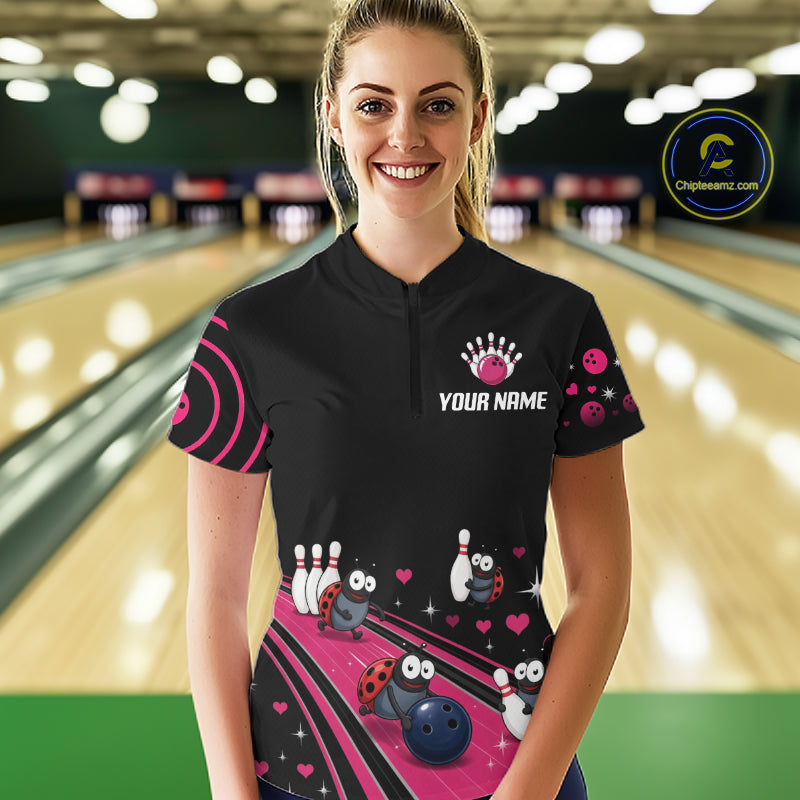 Custom Pink Funny Ladybug Bowling Team Shirts Bowling Jersey For Women Polo & 1/4 Zip NBT1143