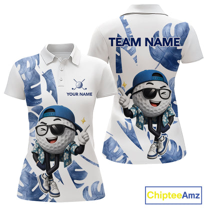 Funny Golf Ball Tropical Pattern Custom Womens Golf Polo Shirts, Golfing Gifts|Blue NBT708