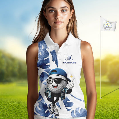 Funny Golf Ball Tropical Pattern Custom Womens Sleeveless Golf Polo Shirts, Golfing Gifts|Blue NBT708