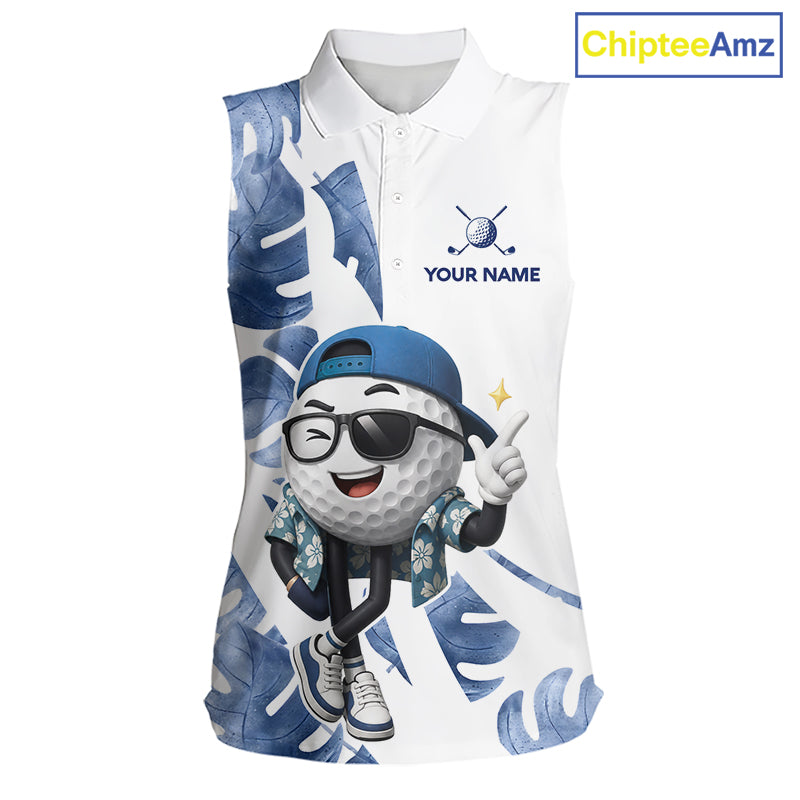 Funny Golf Ball Tropical Pattern Custom Womens Sleeveless Golf Polo Shirts, Golfing Gifts|Blue NBT708
