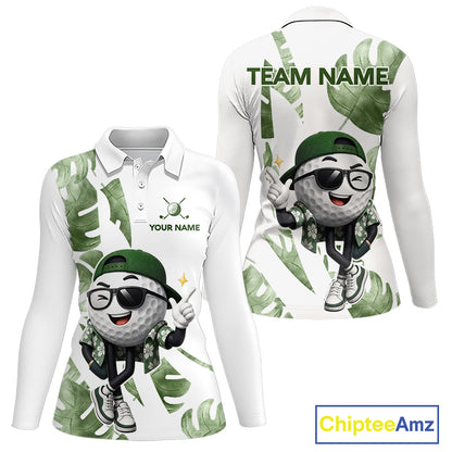 Funny Golf Ball Tropical Pattern Custom Womens Golf Polo Shirts, Golfing Gifts|Green NBT709