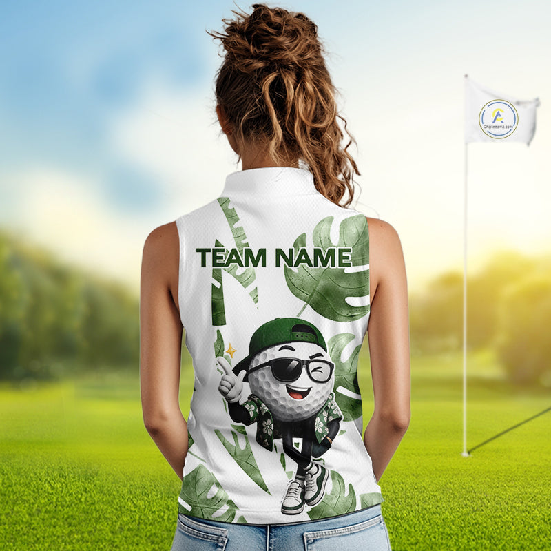 Funny Golf Ball Tropical Pattern Custom Womens Sleeveless Golf Polo Shirts, Golfing Gifts|Green NBT709