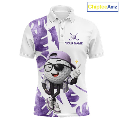 Funny Golf Ball Tropical Pattern Custom Mens Golf Polo Shirts, Golfing Gifts|Purple NBT710